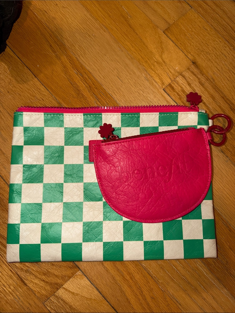 Benefit Green and White Checkerboard Cosmetic Pouch with Hot Pink Trim